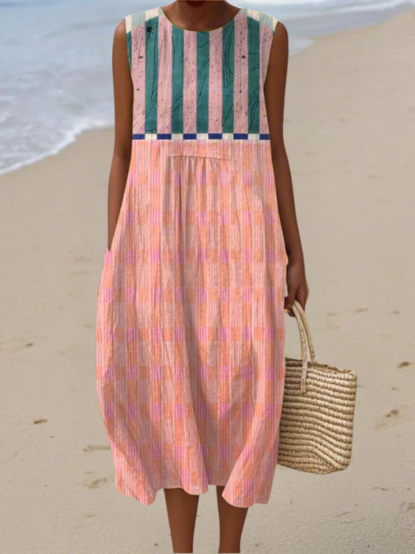 Vestido midi de rayas en tonos pastel para mujer, sin mangas y ligero