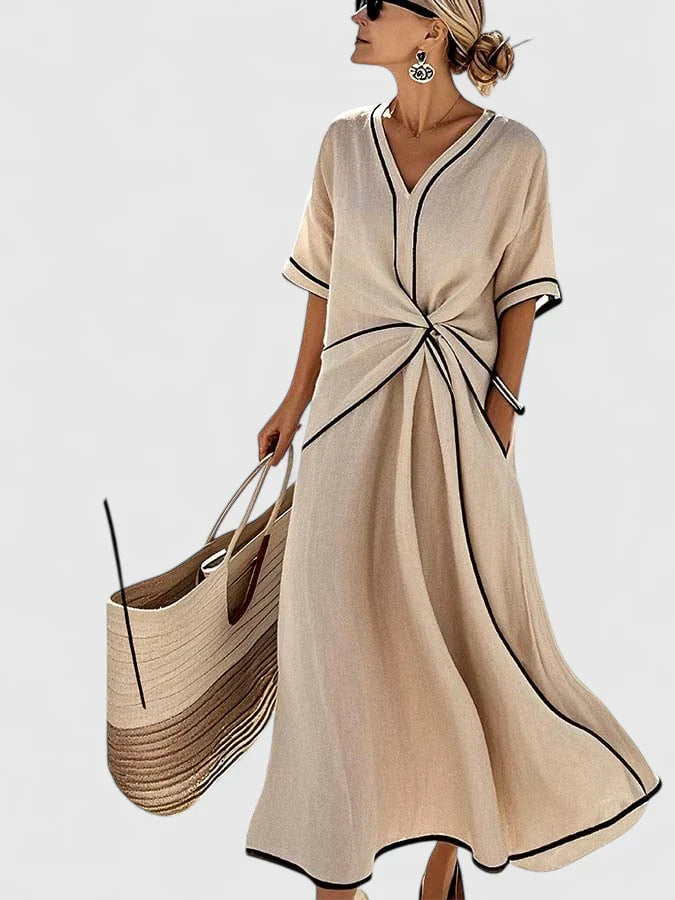 Vestido maxi elegante con escote en V y detalle fruncido en la cintura para mujer, ligero y sofisticado para verano o evento