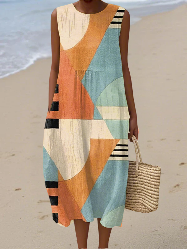 Vestido midi geométrico para mujer con estampado abstracto y diseño sin mangas