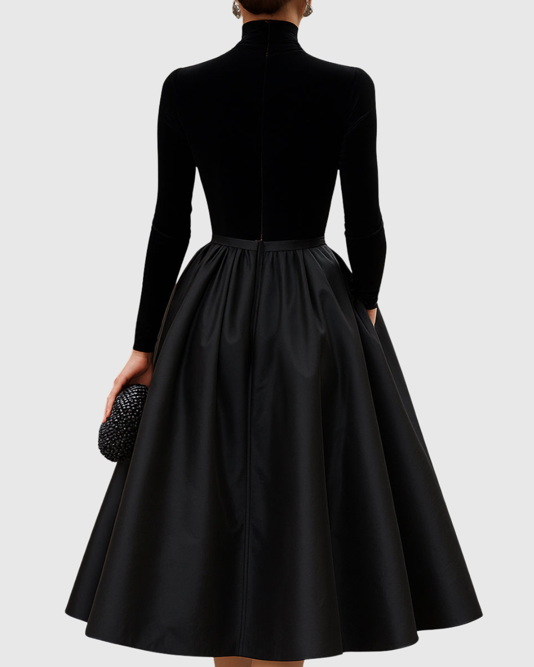 Vestido midi elegante de terciopelo y satén con cuello alto y falda amplia para mujer, sofisticado y cálido para fiesta o evento