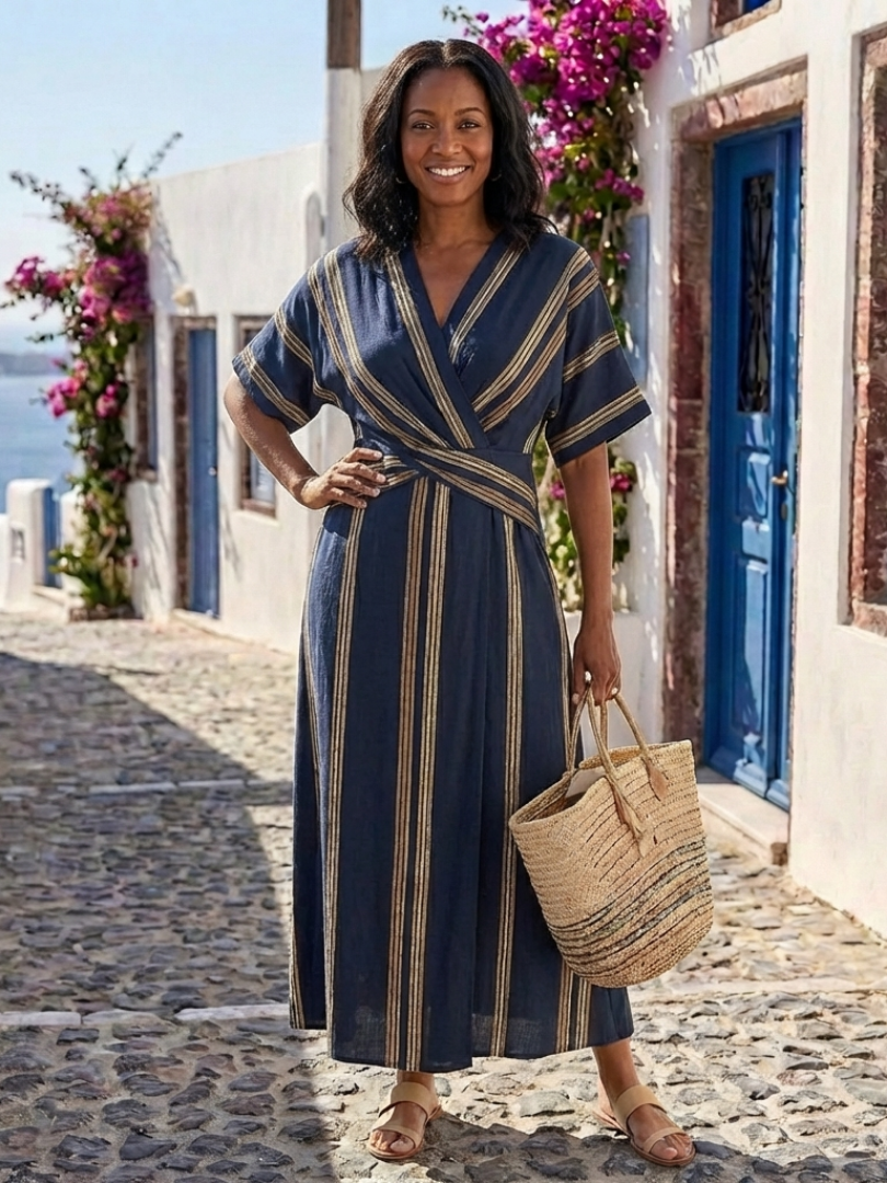 Vestido midi con cuello en V en Azul marino - fresco y elegante