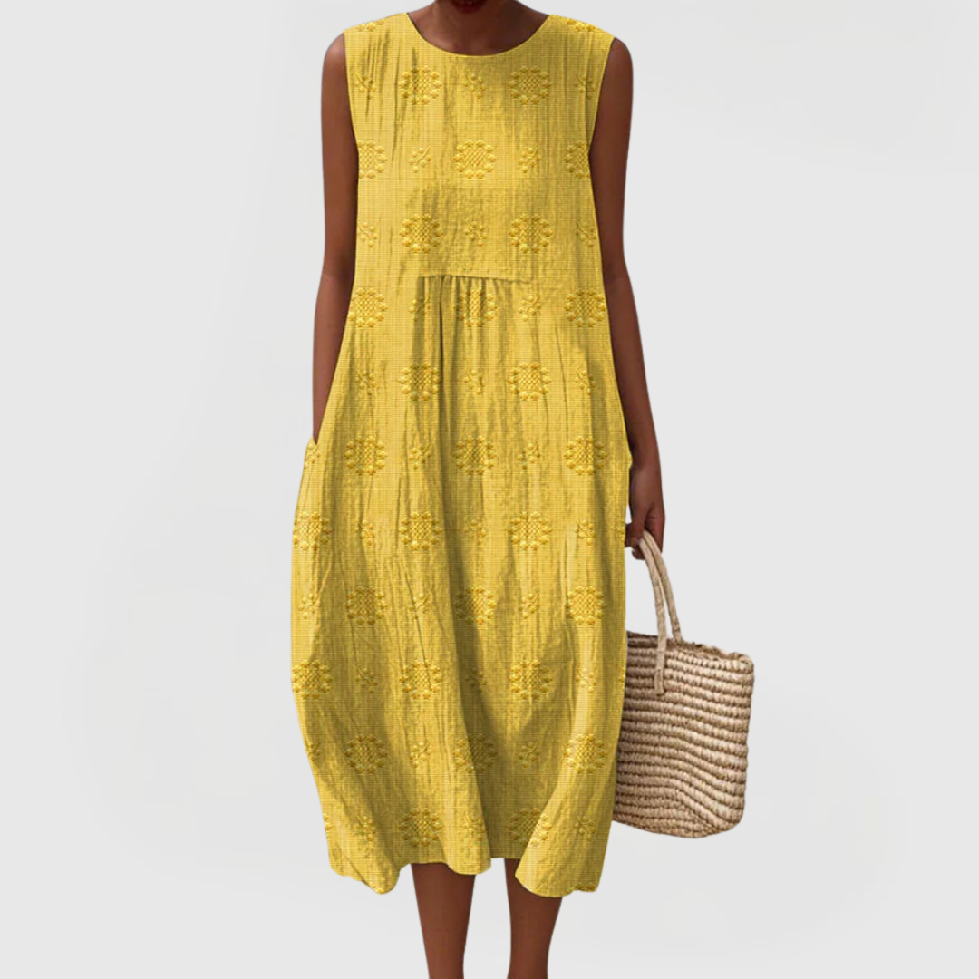 Vestido midi elegante sin mangas con bolsillos laterales y tejido ligero para mujer, cómodo y versátil para verano o diario
