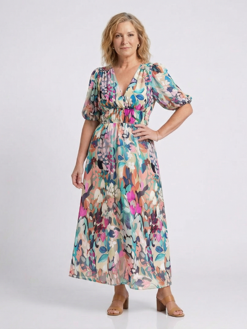 Vestido midi con cuello en V fruncido floral - fresco y elegante