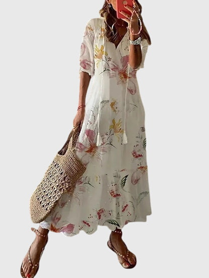 Vestido boho vintage de verano con estampado floral, escote en V y falda maxi fluida para mujer