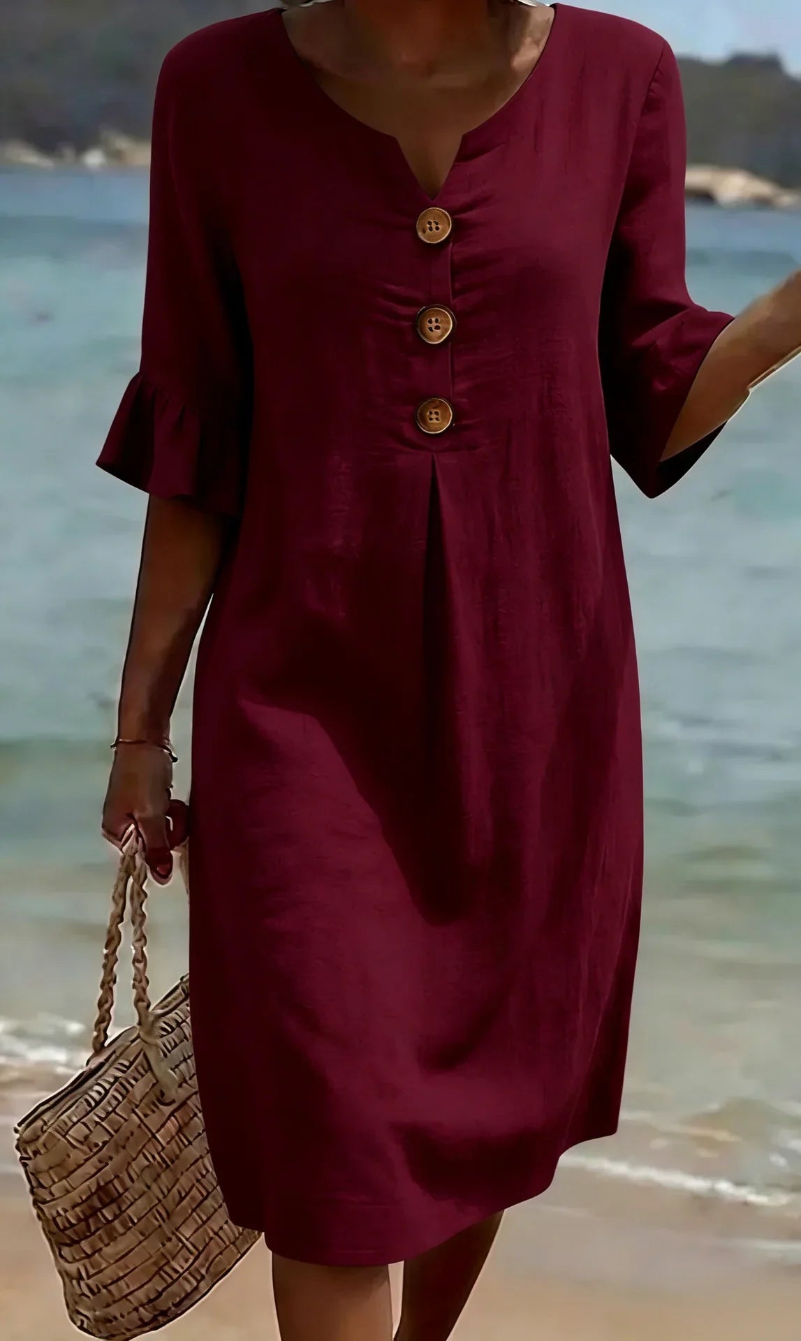 Vestido con Textura de Lino y Manga Abullonada | Estilo Elegante