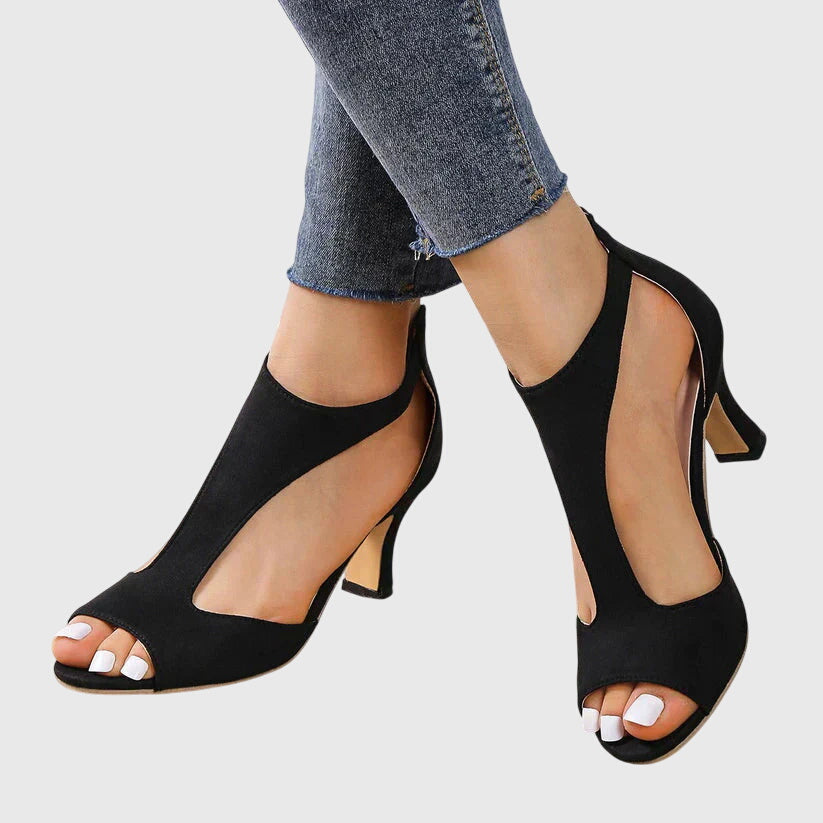 Sandalias de tacón ortopédico con punta abierta, correa en el tobillo y plantilla ergonómica para mujer