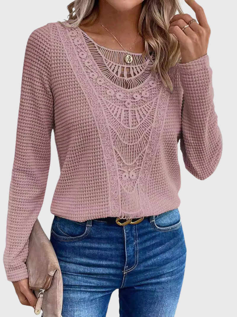 Blusa bohemia para mujer en color rosa con detalles calados, tejido ligero