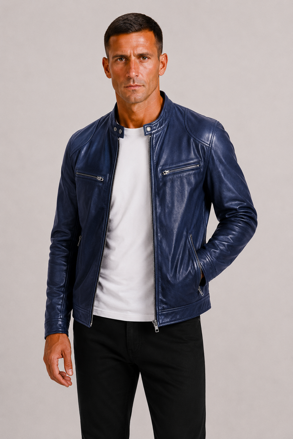 Diego | Chaqueta Biker de Cuero con Doble Costura y Diseño Clásico para Hombre