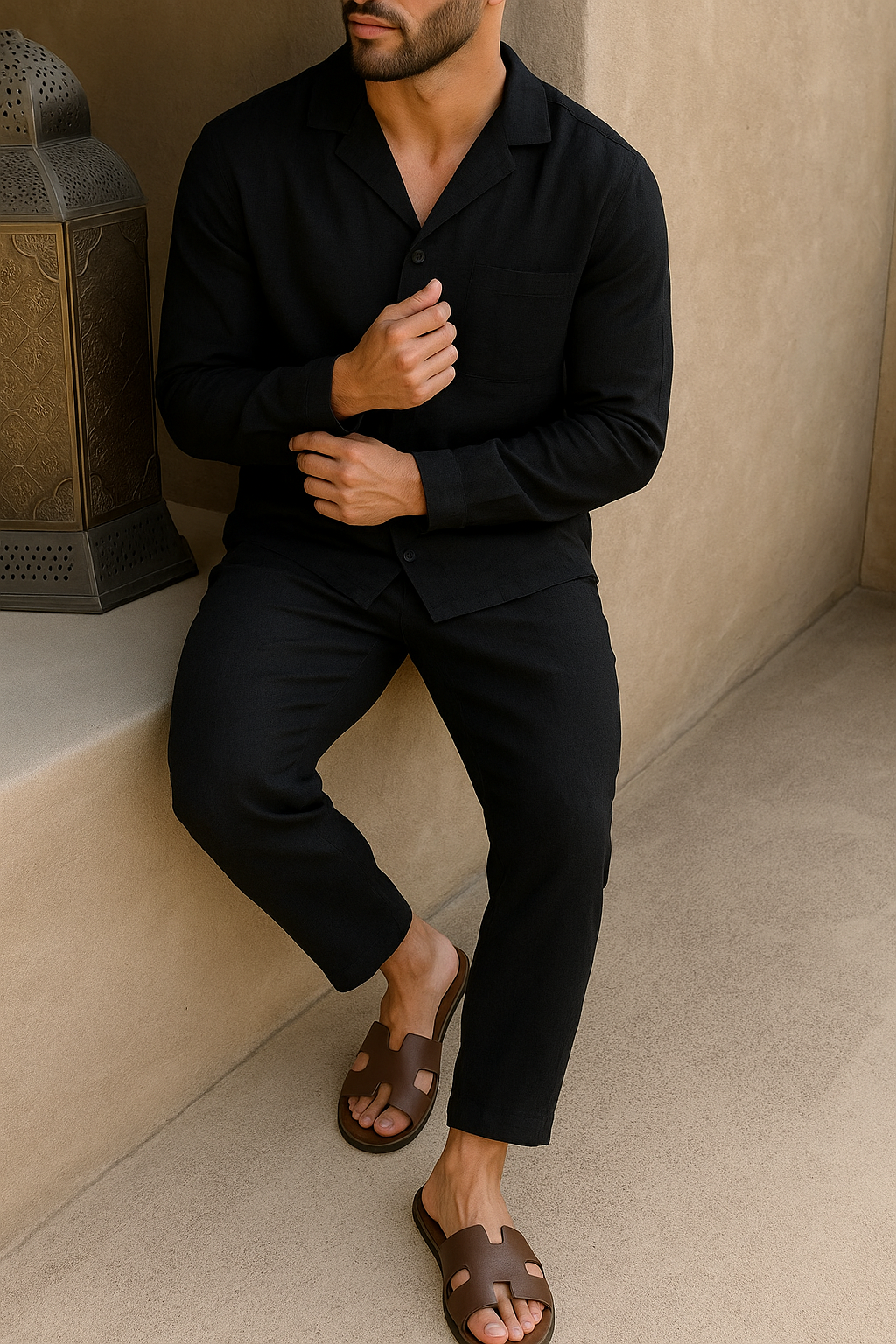 Conjunto para hombre, camisa abierta y pantalones rectos en color claro, elegante y transpirable