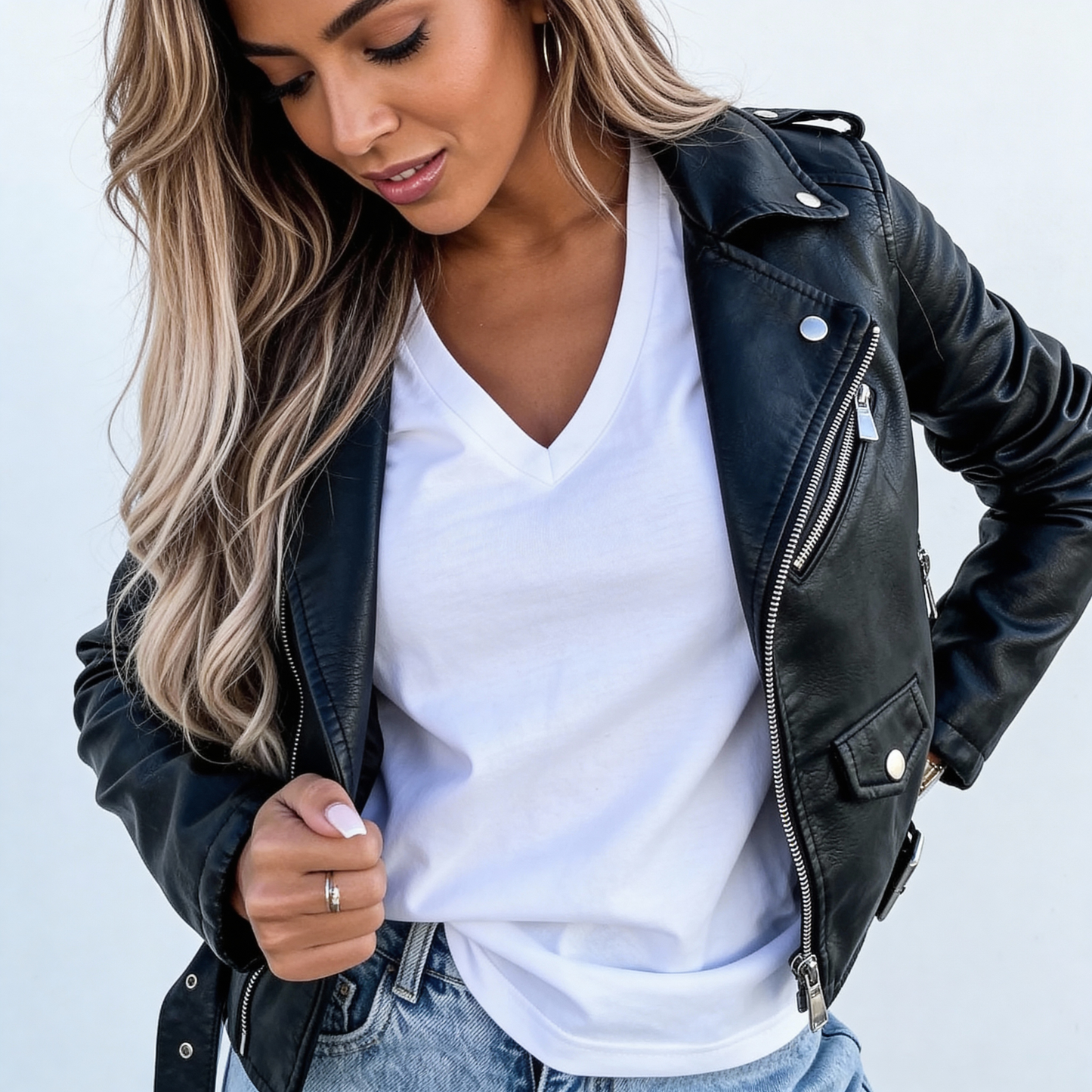 Sofía | Chaqueta Biker de Cuero Artificial con Cremallera y Bolsillo para Mujer