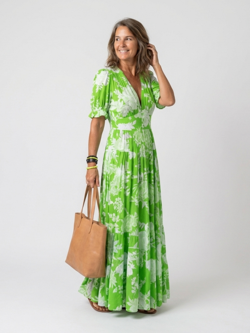 Vestido midi con cuello en V floral en Rosa y Azul claro - fresco y elegante