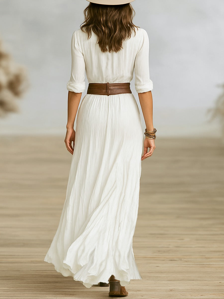 Crissa | Vestido Largo con Cinturón y Solapas Plisadas para Mujer