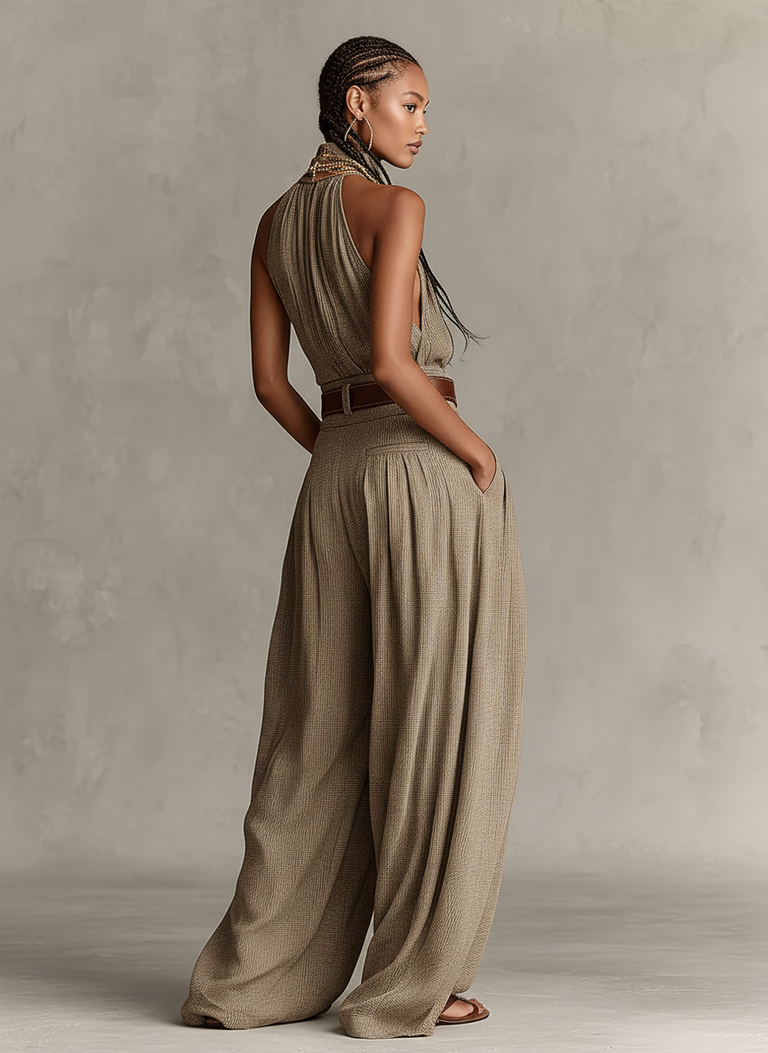 Isabella | Mono de Algodón Taupe con Cuello Americano y Pierna Ancha para Mujer Boho-Élegante