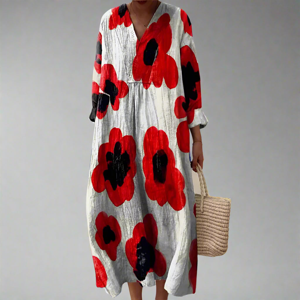 Vestido midi suelto con estampado floral grande para mujer, ligero y elegante para uso diario