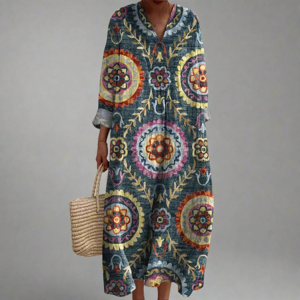 Vestido largo retro con diseño geométrico para mujer, sofisticado y cómodo para diario