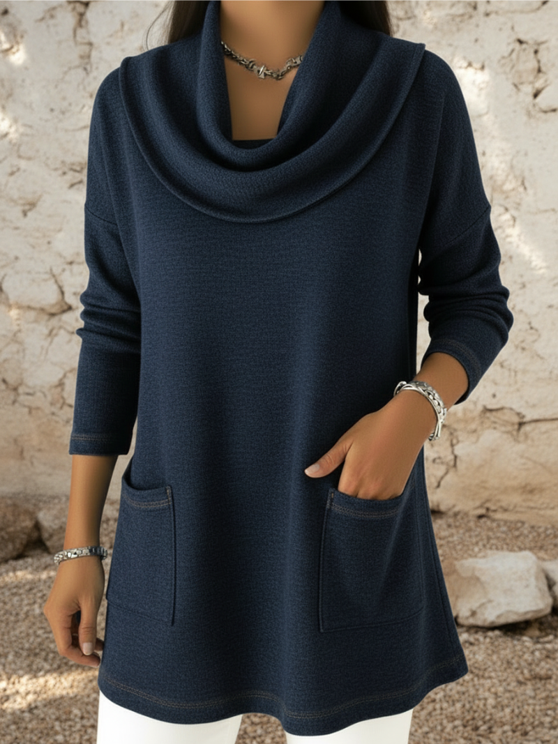 Jersey para mujer con cuello alto tipo col y bolsillos frontales, cálido y cómodo para diario