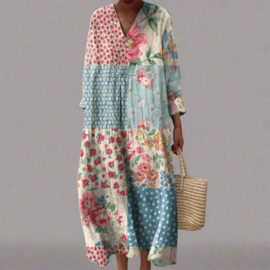 Vestido largo geométrico estilo vintage para mujer, refinado y versátil para oficina