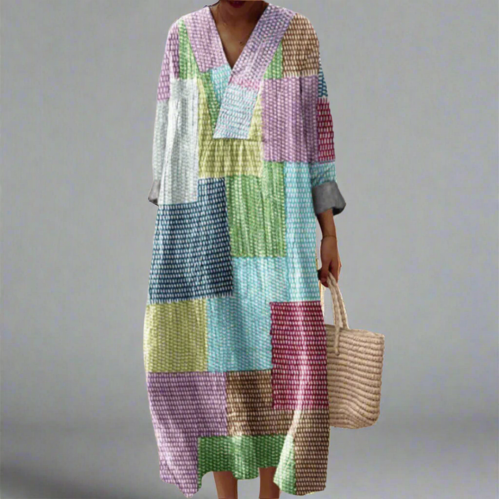 Vestido maxi femenino con patrón geométrico retro, elegante para evento