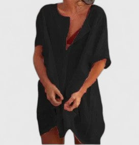 Vestido túnica elegante de algodón con escote en V profundo y corte suelto para mujer