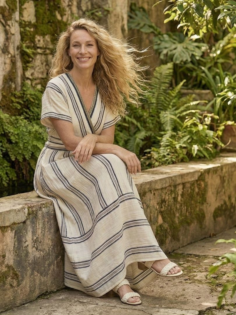 Elegante vestido cruzado midi de manga corta y corte holgado