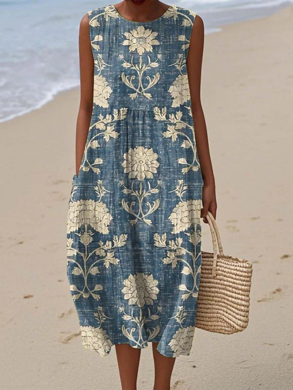 Vestido midi boho para mujer con estampado floral hecho a mano