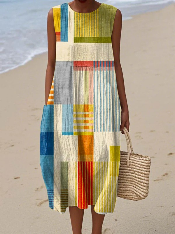 Vestido midi geométrico para mujer con diseño patchwork multicolor