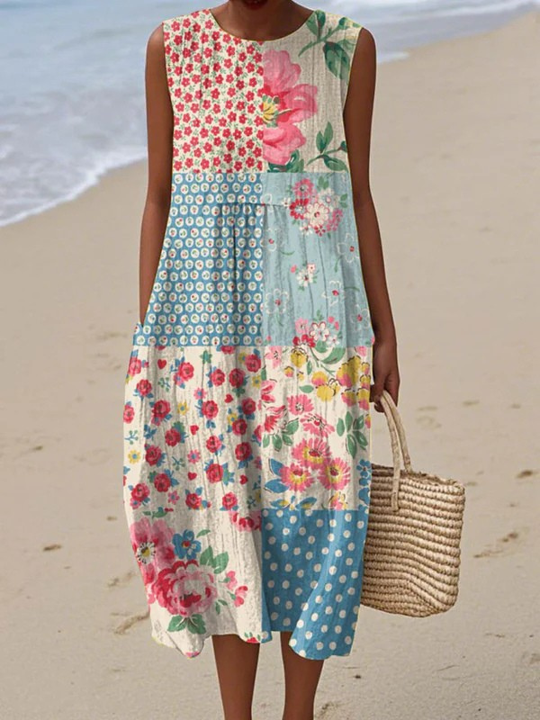 Vestido midi sin mangas de patchwork para mujer con estampados florales y geométricos
