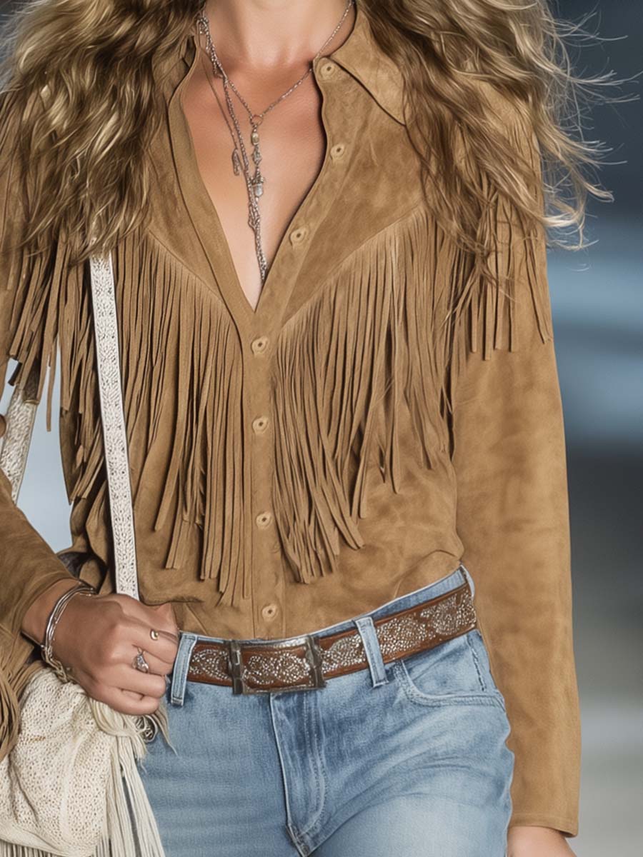 Camisa Western Franja Manga Larga Marrón Claro Algodón