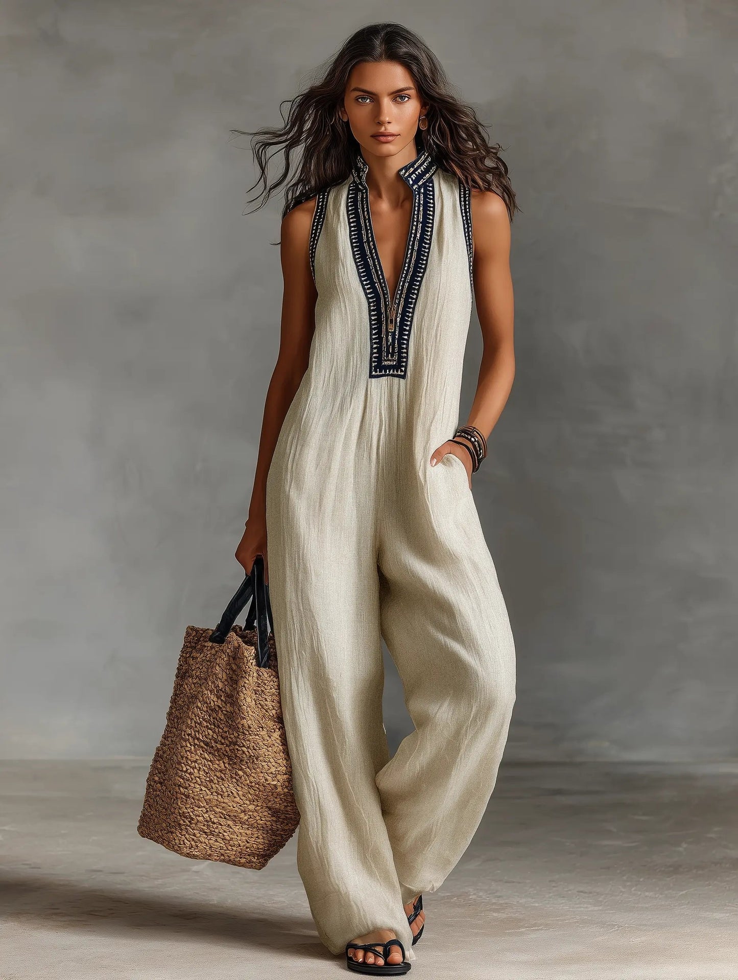 Conjunto de lino con bordados y cuello mandarín