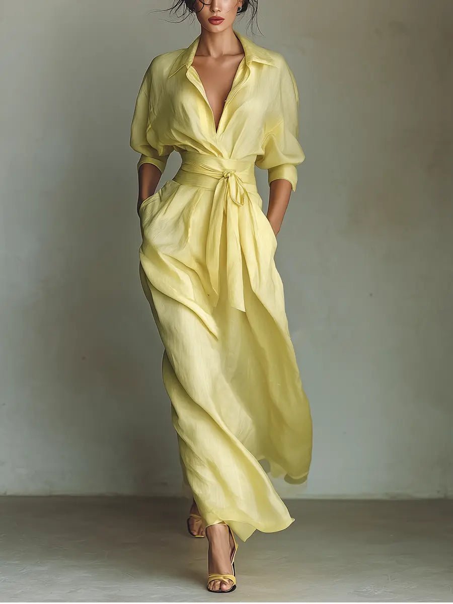 Vestido camisero maxi de lino y algodón con cuello en V para mujer