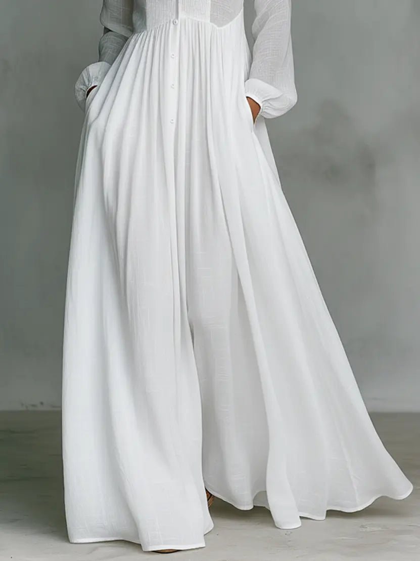 Vestido maxi de lino y algodón con cuellostanding y tapeta de botones para mujer