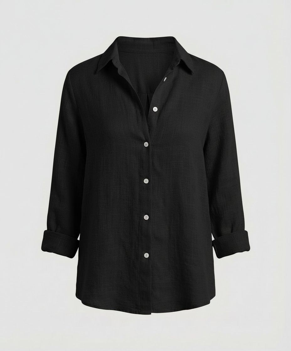 Blusa de lino manga tres cuartos con cuello clásico para mujer - Elegante