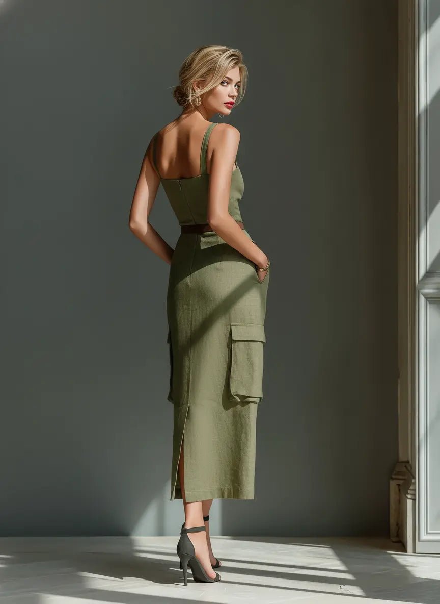 Vestido midi cargo de lino con cinturón y bolsillos para mujer - Práctico y elegante