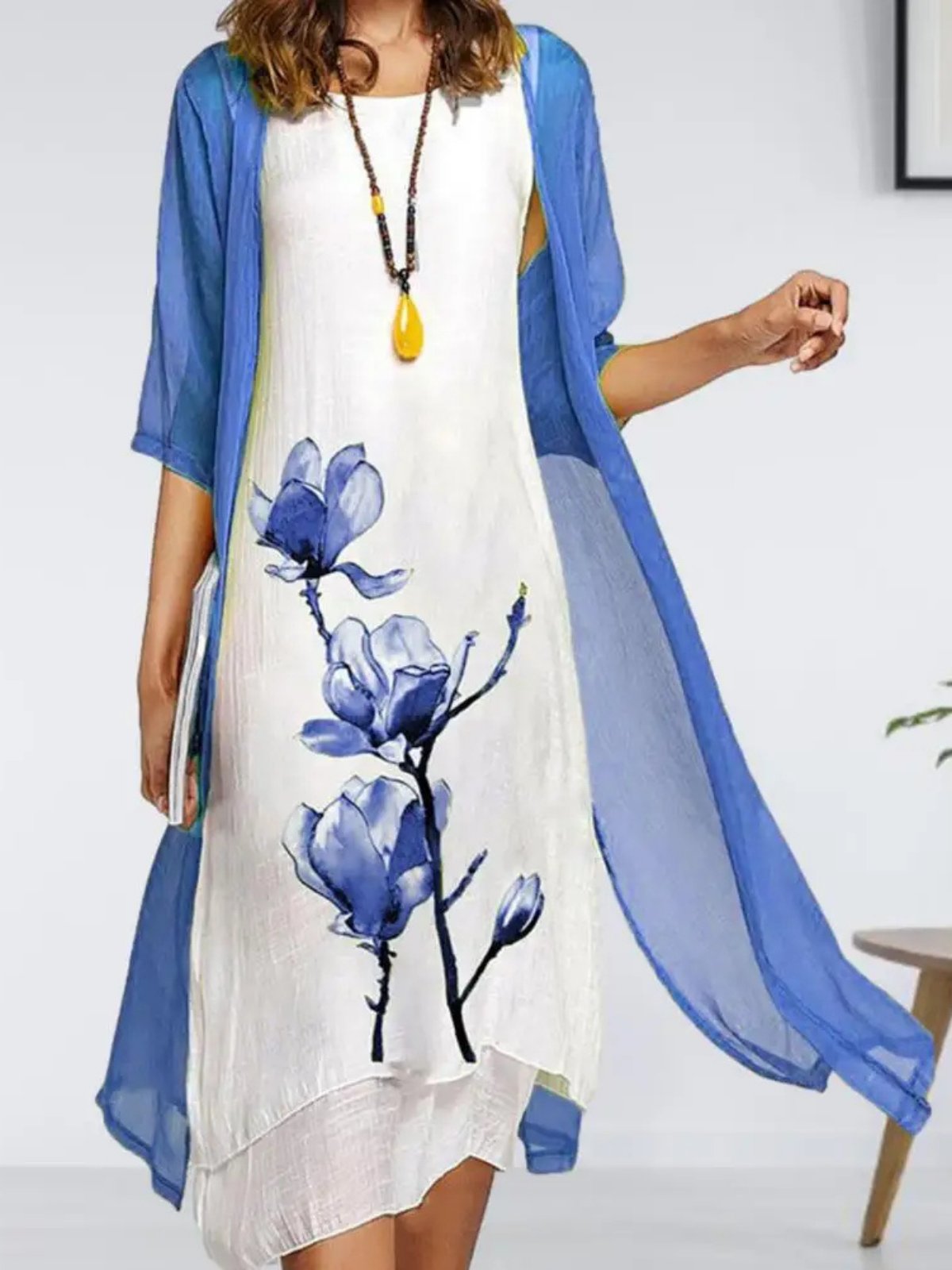 Conjunto vestido midi de lino con cárdigan de gasa para mujer - Sofisticado