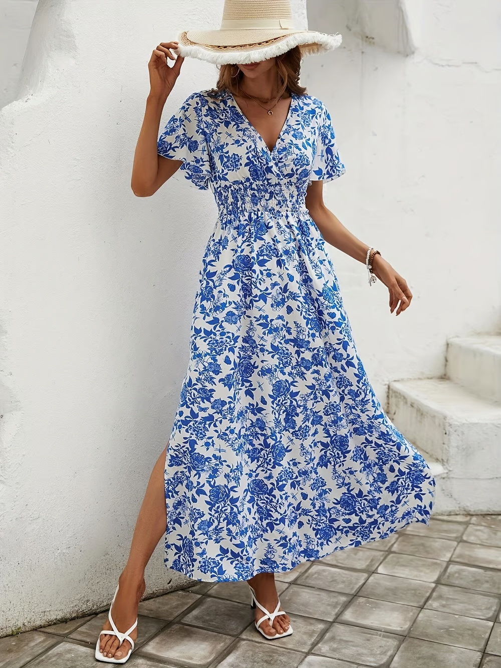 Vestido maxi floral con cuello en V y manga corta para mujer