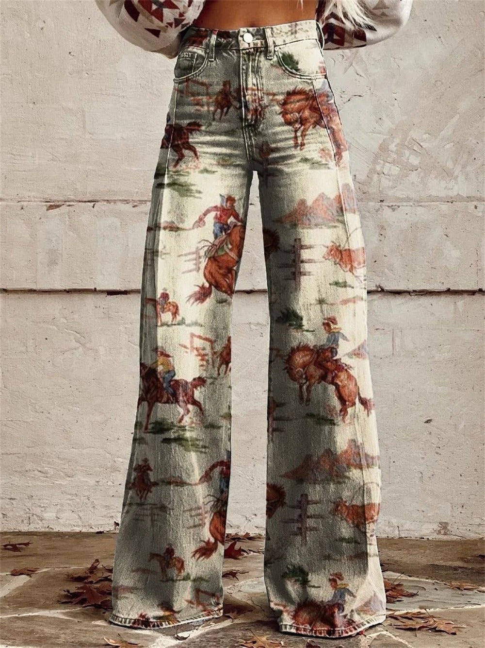 Pantalón Western Estampado Alto Talle Pierna Ancha