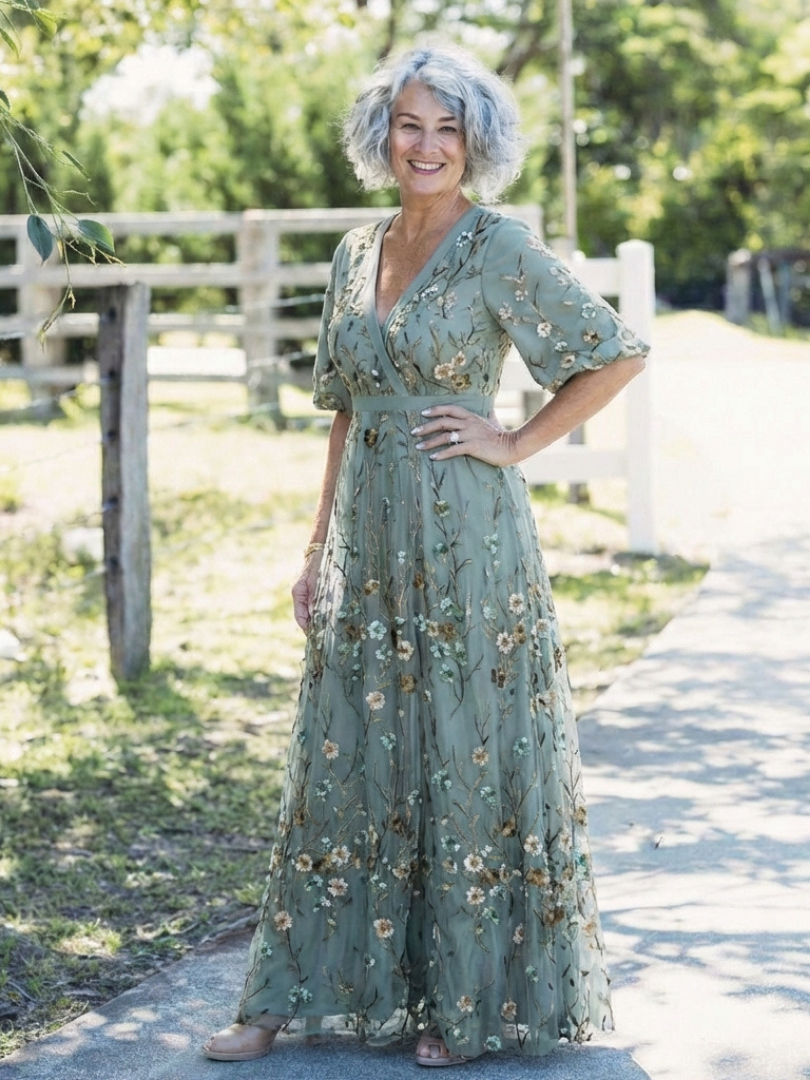 Vestido maxi con cuello en V floral en Verde - fresco y elegante