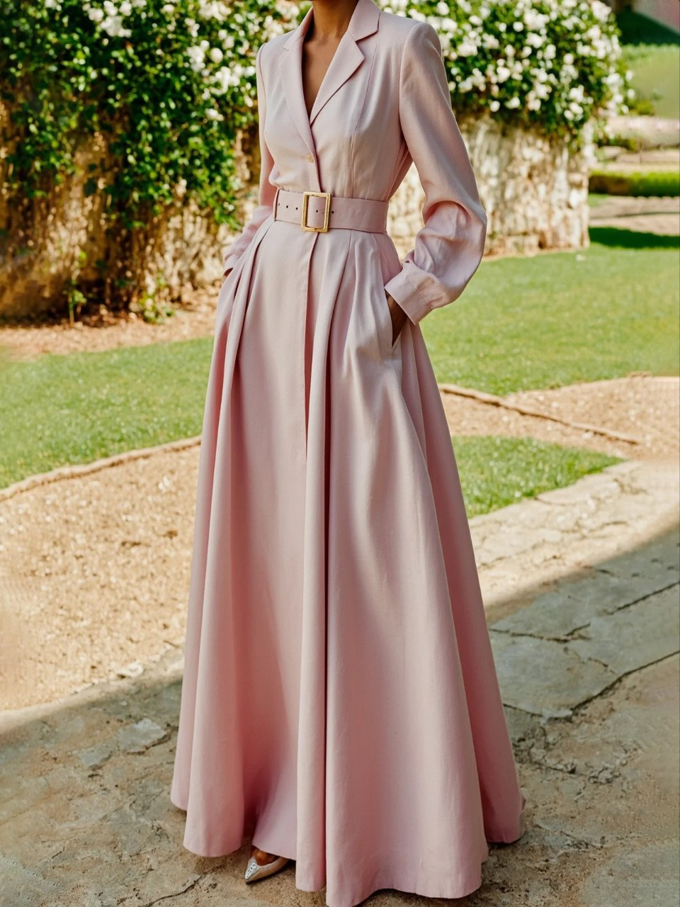 Vestido midi elegante tipo blazer con escote cruzado, cintura ajustada y falda plisada para mujer, sofisticado para evento u oficina