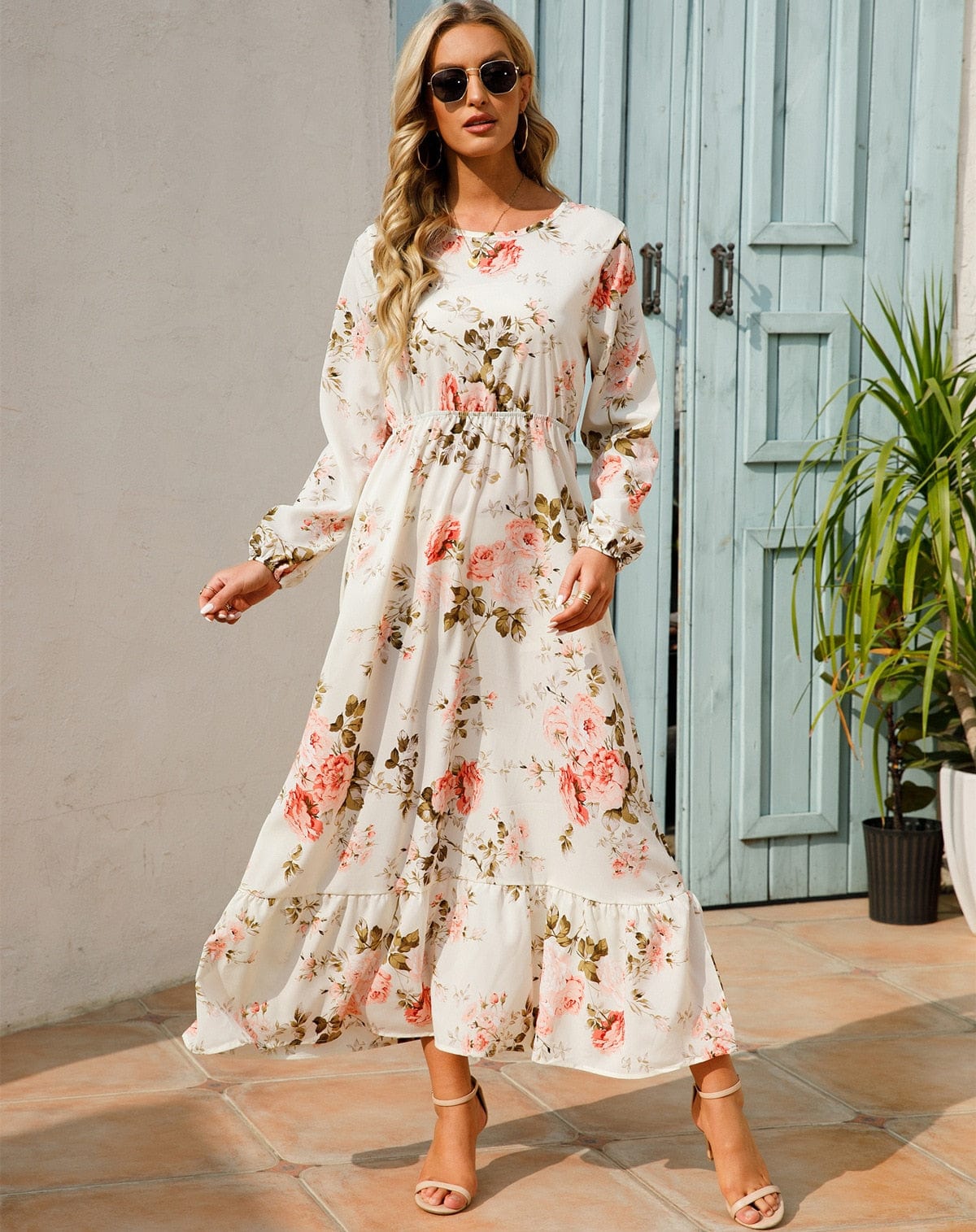 Vestido maxi de manga larga con estampado floral para mujer, elegante y versátil