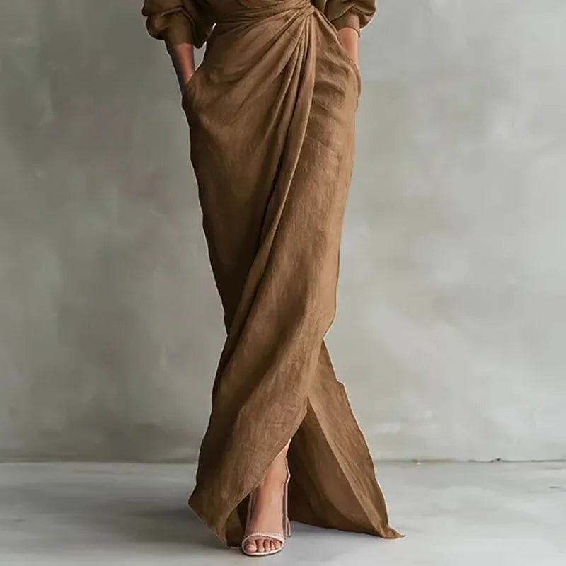 Vestido Maxi Cruzado con Deep Escote en V y Manga Larga | Bodycon