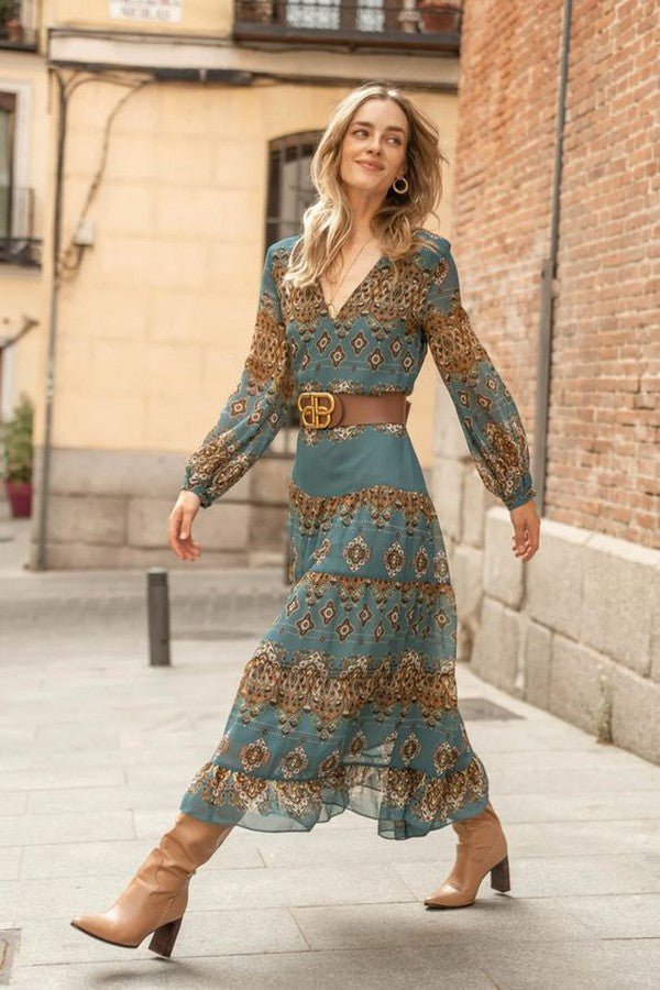 Vestido Midi bohemio Medallión Mangas Burbuja Volantes