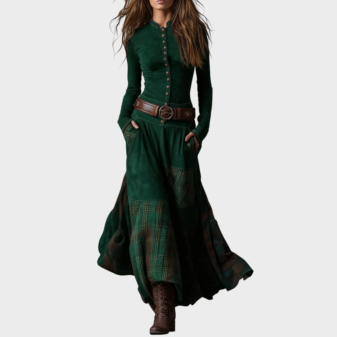 Ivana | Vestido Extravagante con Paneles de Cuadros Artesanales y Cinturón para Mujer