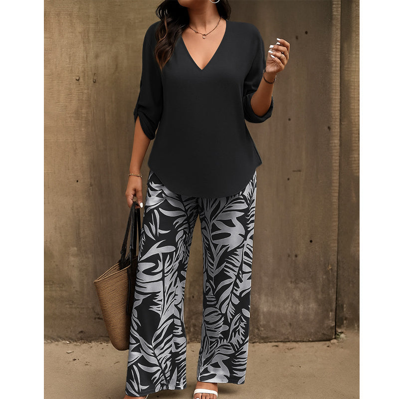 Leire | Conjunto de Blusa con Cuello en V y Pantalones Estampados de Corte Ancho para Mujer