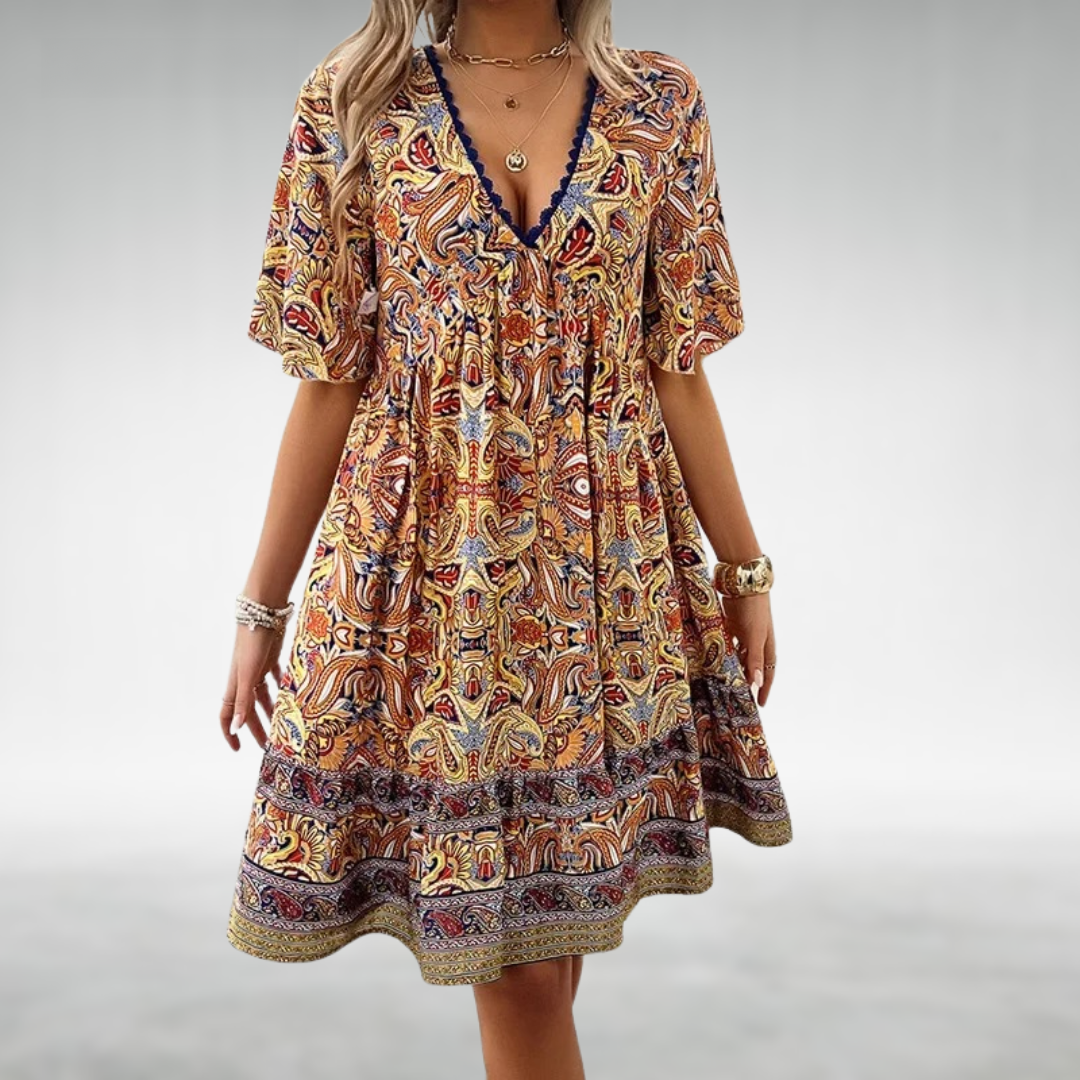 Vestido mini boho con cuello en V y estampado para mujer