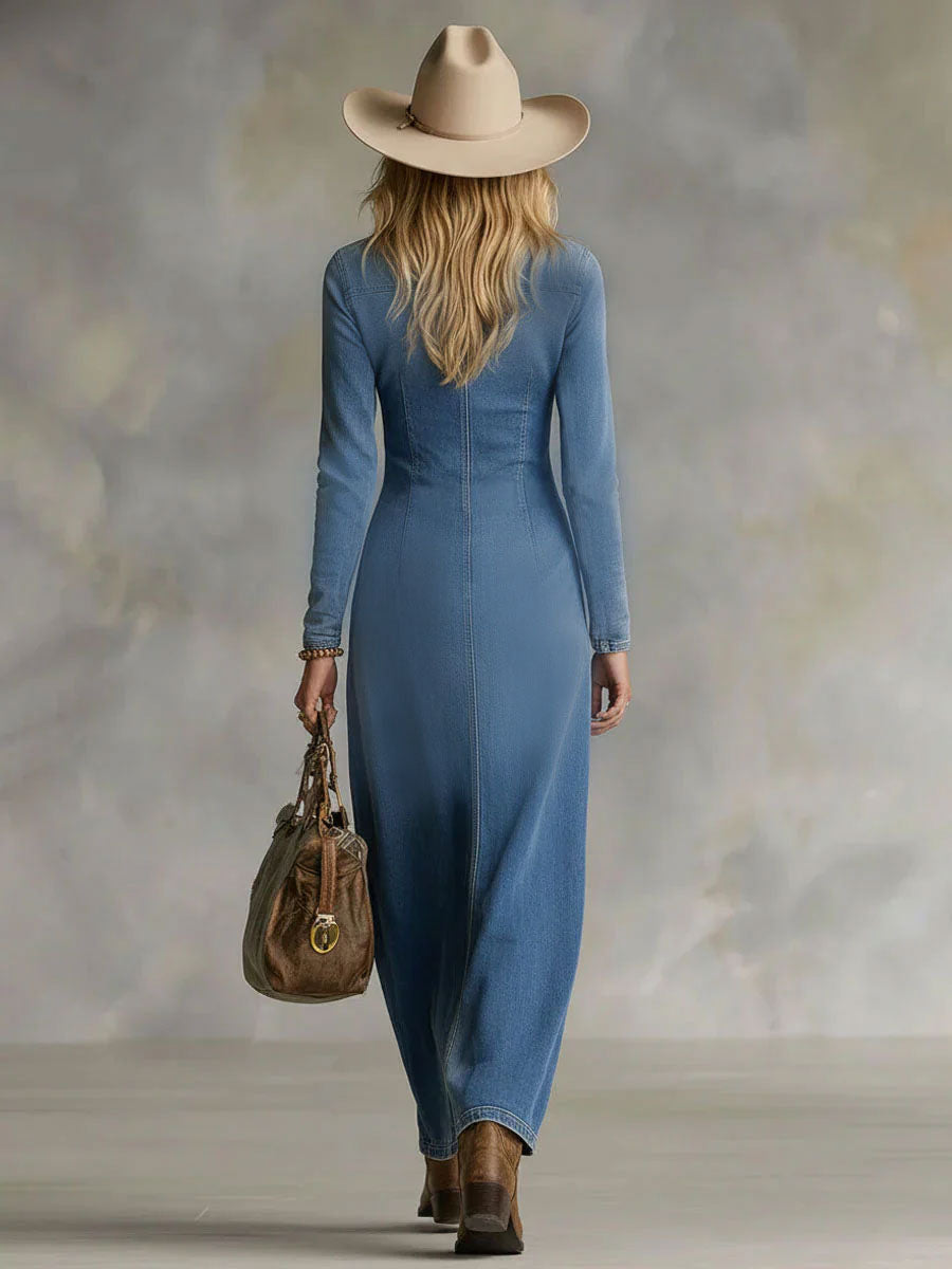 Vestido Maxi Botones Delantero Cuello V Azul