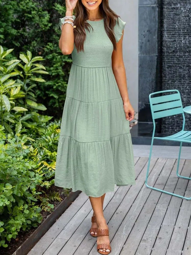 Tiered Maxi Dress Cap Sleeve Tummy Control - Black
