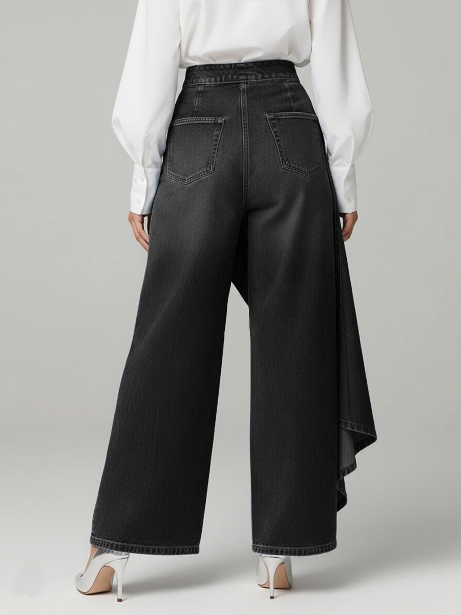Pantalones Denim de Pierna Ancha con Tiro Alto y Botones | Corte Relajado