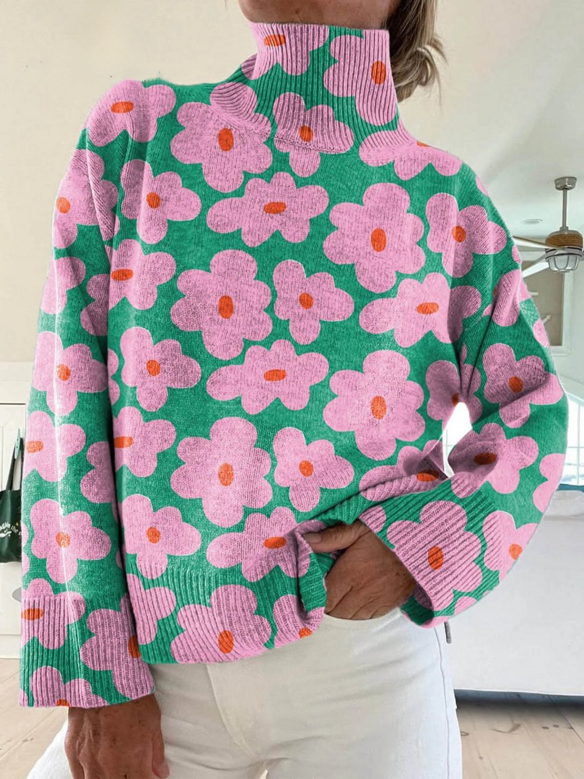 Women's Floral Turtleneck Sweater Ribbed Knit Long Sleeve - Multicolor