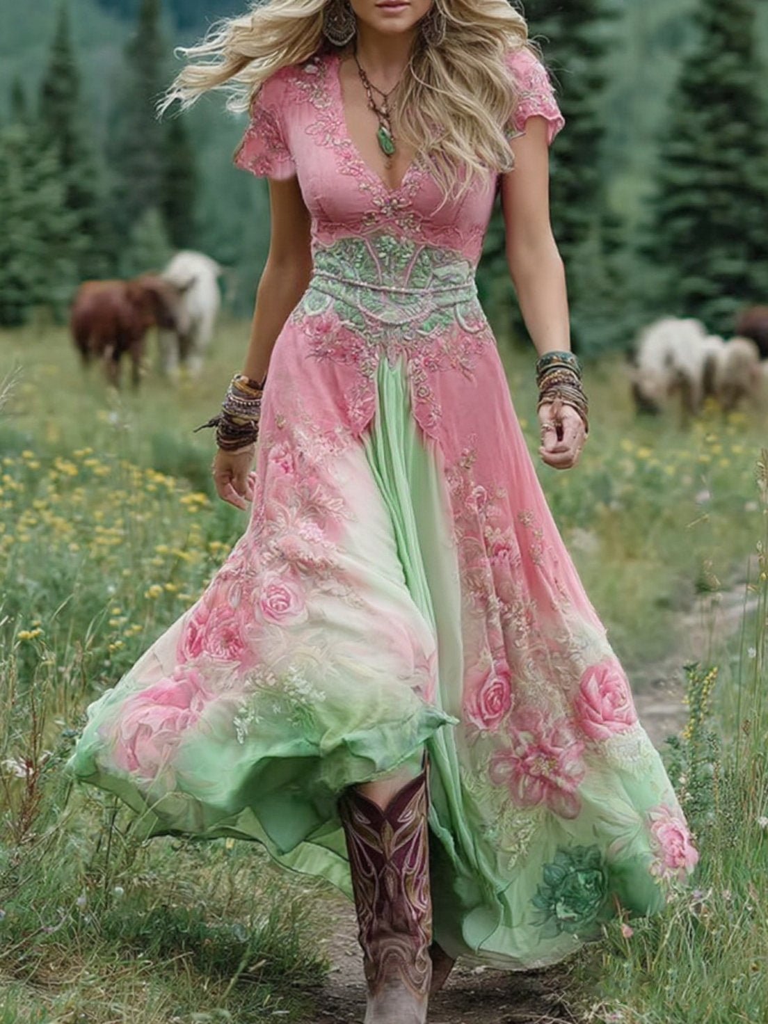 Vestido Maxi floreado Cuello V Manga Corta
