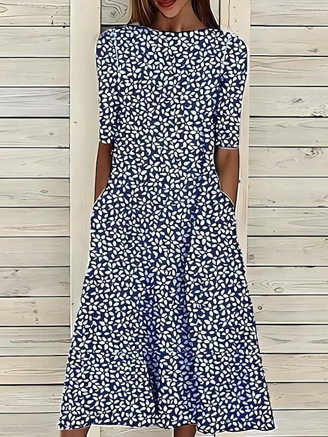 Vestido midi veraniego con flores costeras y cuello redondo para mujer, ligero y elegante